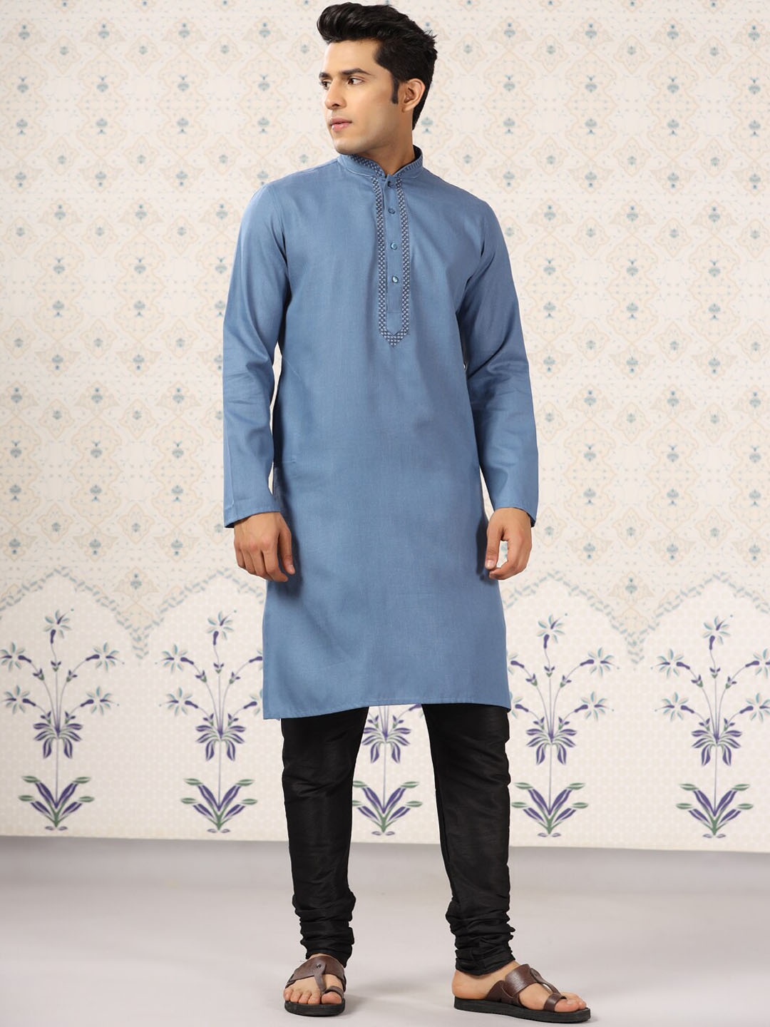 Ode by House of Pataudi Mandarin Collar Thread Work Straight Kurta with Churidar, Blue
Ode by House of Pataudi Mandarin Collar Thread Work Straight Kurta with Churidar, Blue