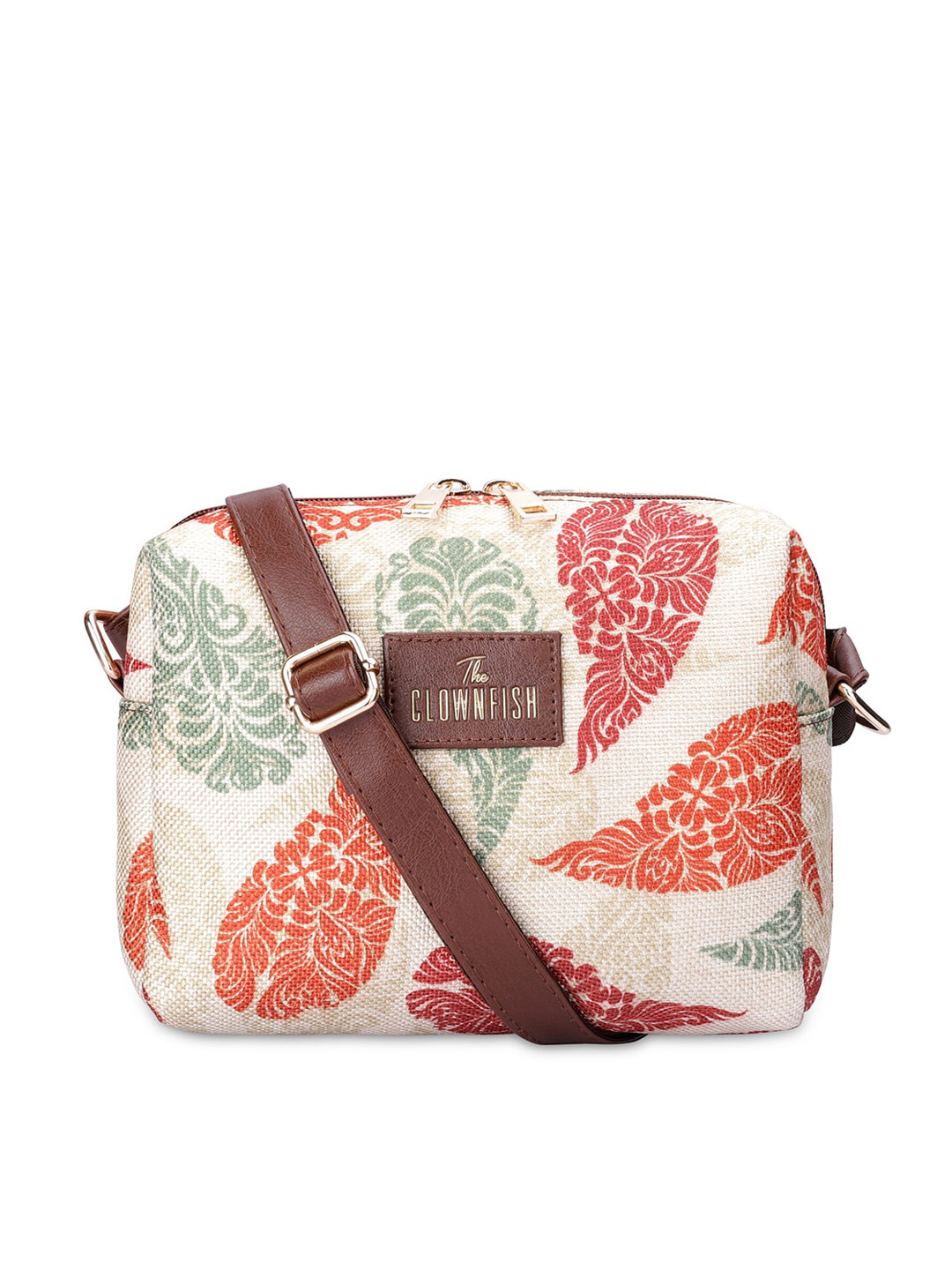 THE CLOWNFISH Printed Jute Structured Sling Bag, Cream 
THE CLOWNFISH Printed Jute Structured Sling Bag, Cream