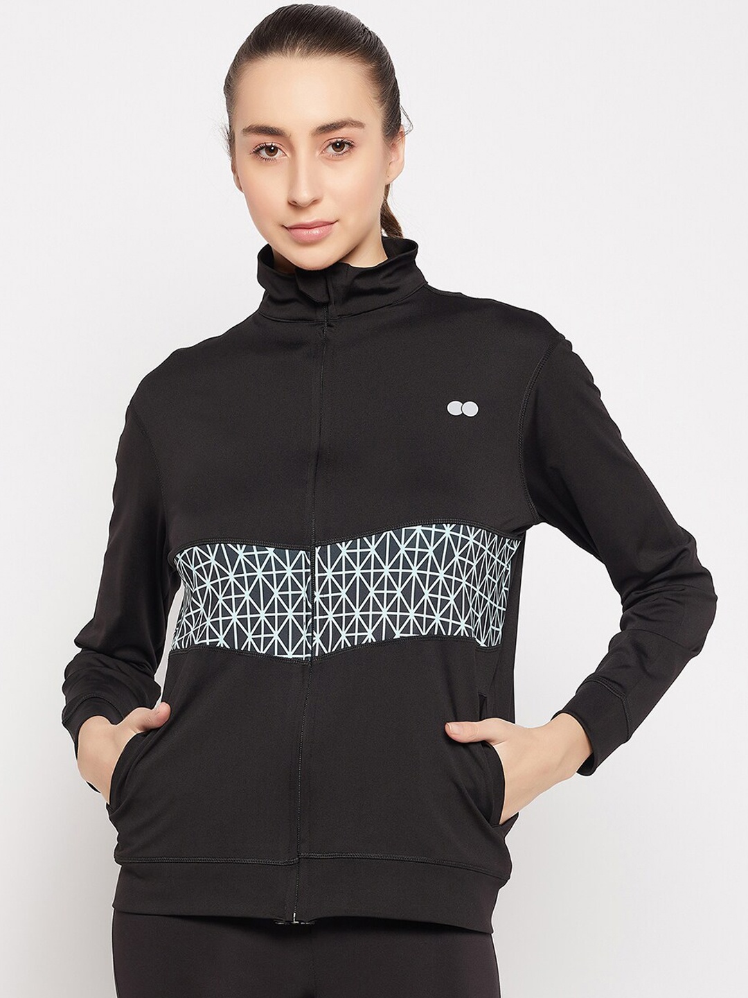 Clovia Geometric Printed Panel Lightweight Comfort-Fit Active Jacket, Black
