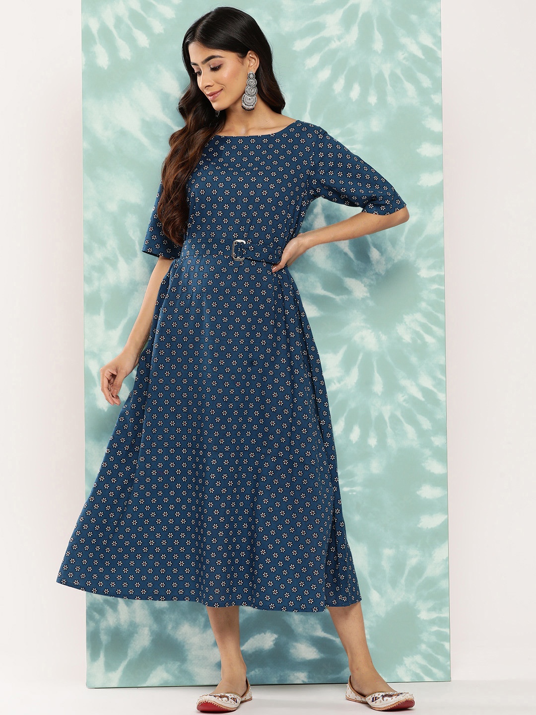 Janasya Floral Print A-Line Midi Dress, Navy blue