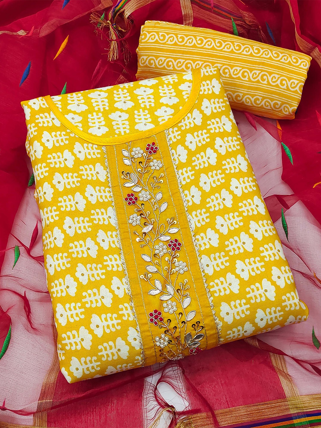 KALINI Floral Embroidered Pure Cotton Unstitched Dress Material, Yellow
KALINI Floral Embroidered Pure Cotton Unstitched Dress Material, Yellow