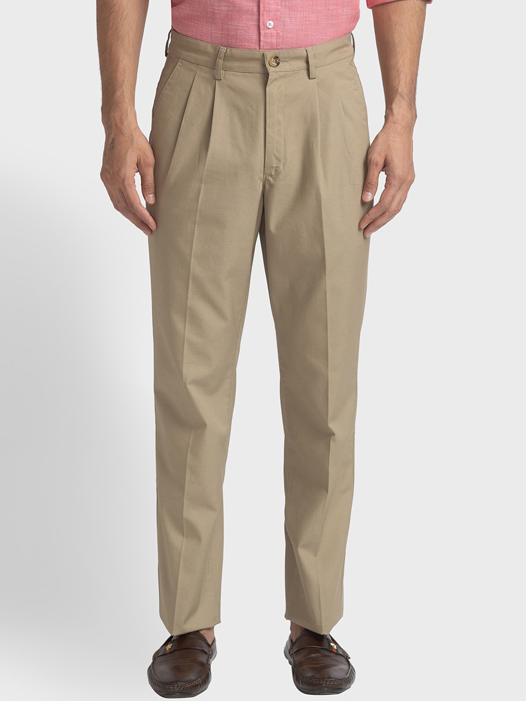 ColorPlus Men Custom Fit Pleated Mid-Rise Trousers, Khaki 
ColorPlus Men Custom Fit Pleated Mid-Rise Trousers, Khaki