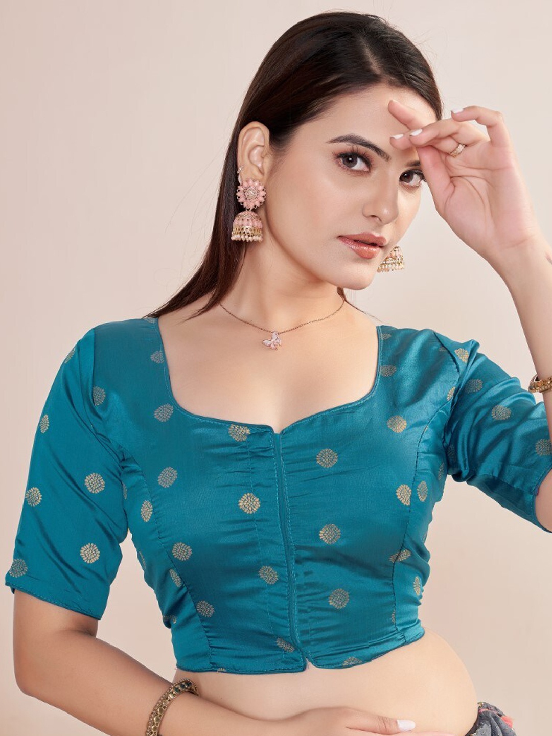 HIMRISE Woven Design Round Neck Silk Saree Blouse, Turquoise blue