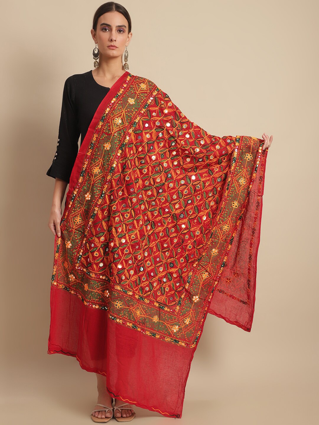 LOOM LEGACY Embroidered Mirror Work Cotton Silk Dupatta, Red