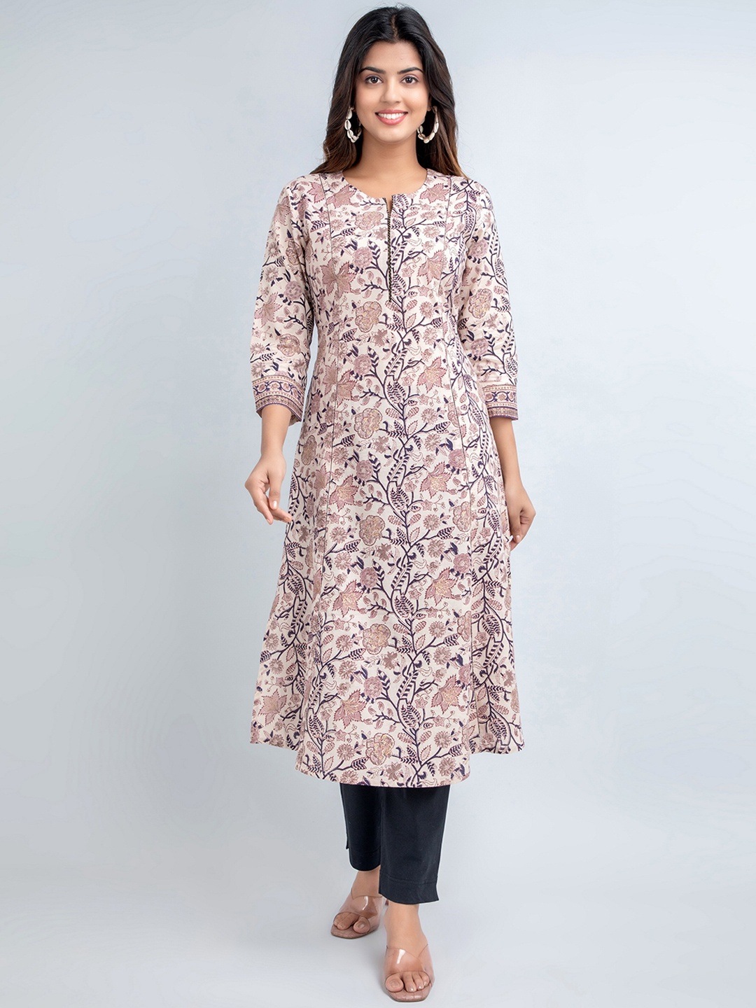 SUTI Floral Printed A-Line Cotton Kurta, Beige