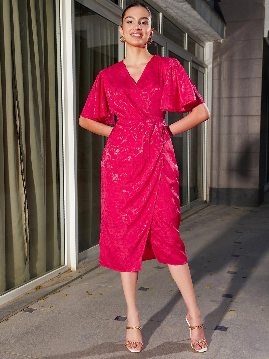 SASSAFRAS Floral Printed Flared Sleeves Wrap Dress, Magenta