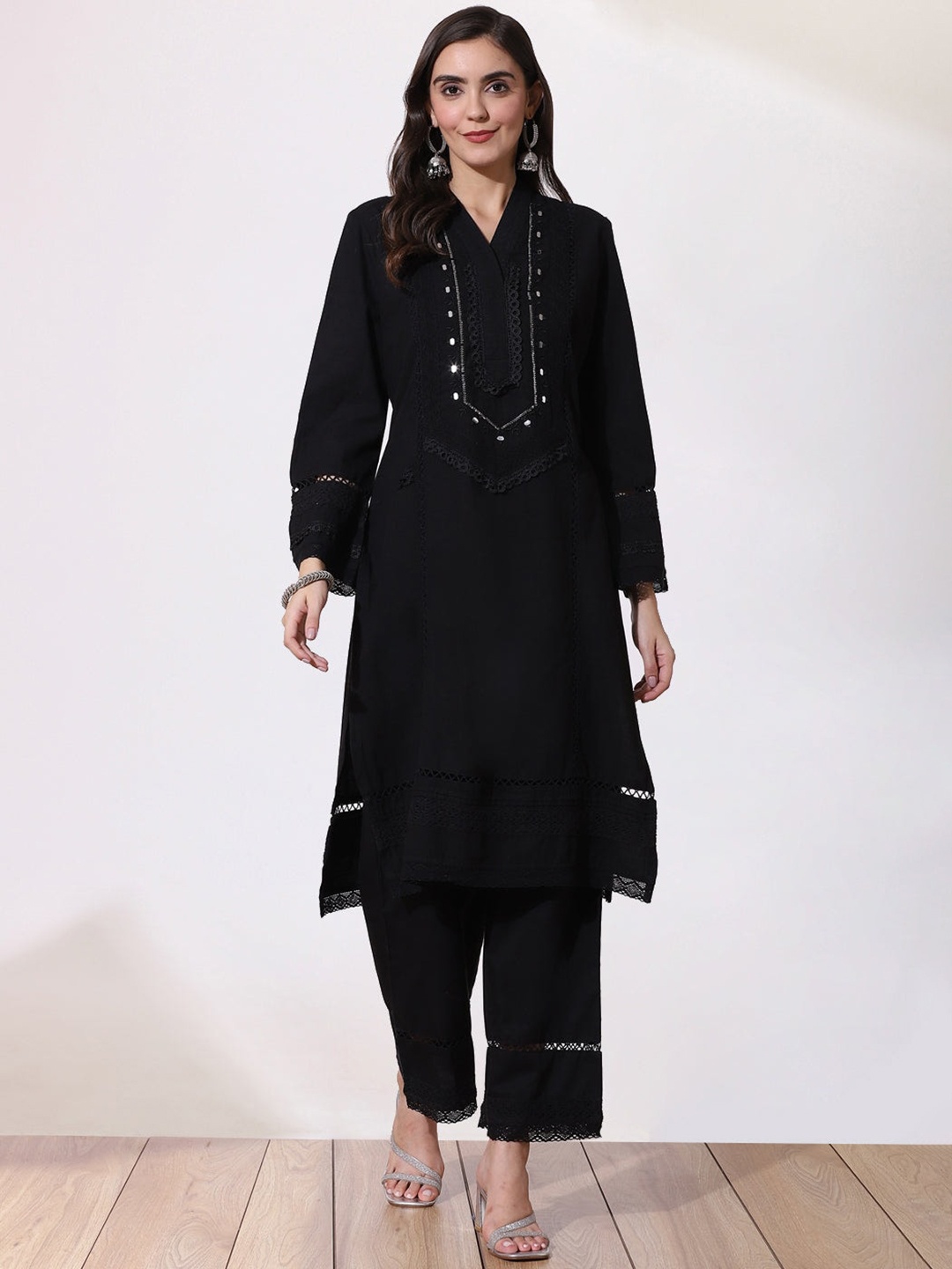 Lakshita Ethnic Motifs Yoke Design Mirror Work Kurta with Trousers, Black