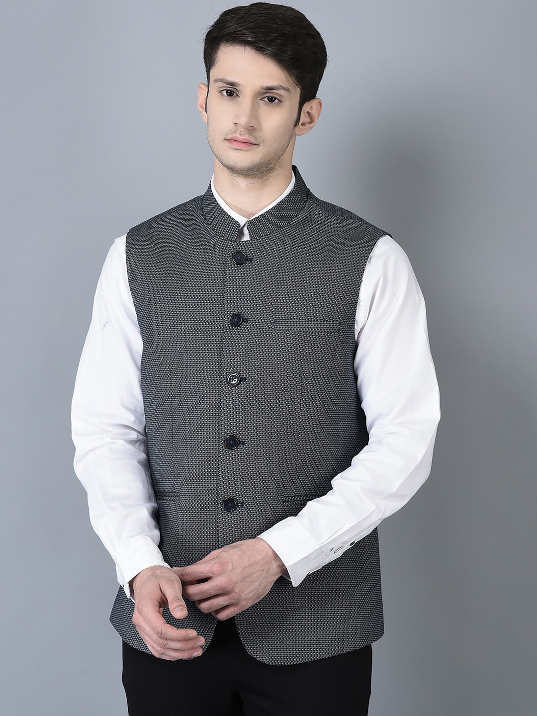 CANOE Mandarin Collar Woven Nehru Jacket, Black