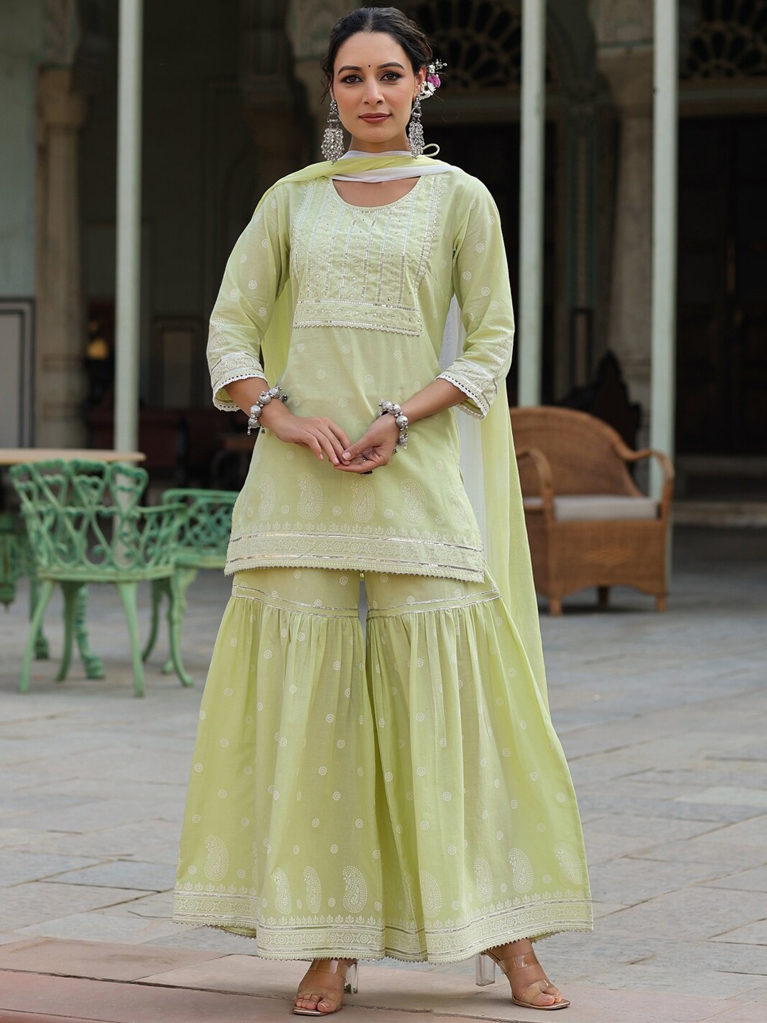 Juniper Ethnic Motifs Printed Sequinned Pure Cotton Kurti with Sharara & Dupatta, Green
Juniper Ethnic Motifs Printed Sequinned Pure Cotton Kurti with Sharara & Dupatta, Green