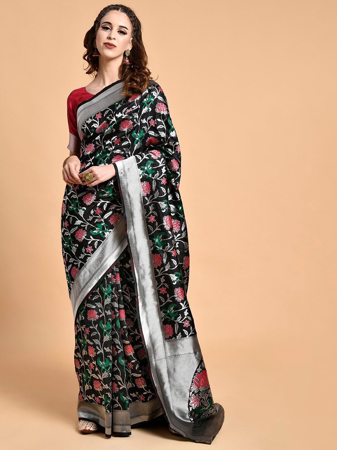 Sangria Floral Woven-Designed Heavy Work Zari Saree With Blouse Piece, Black