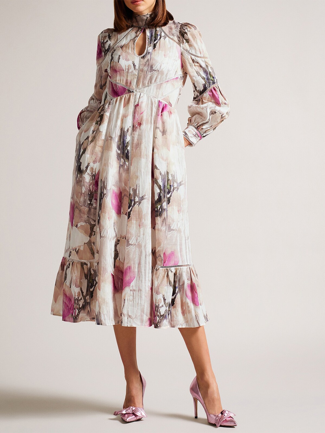 Ted Baker Abstract Printed High Neck Cuffed Sleeves Cut-Out Detail Linen A-Line Dress, Cream
Ted Baker Abstract Printed High Neck Cuffed Sleeves Cut-Out Detail Linen A-Line Dress, Cream