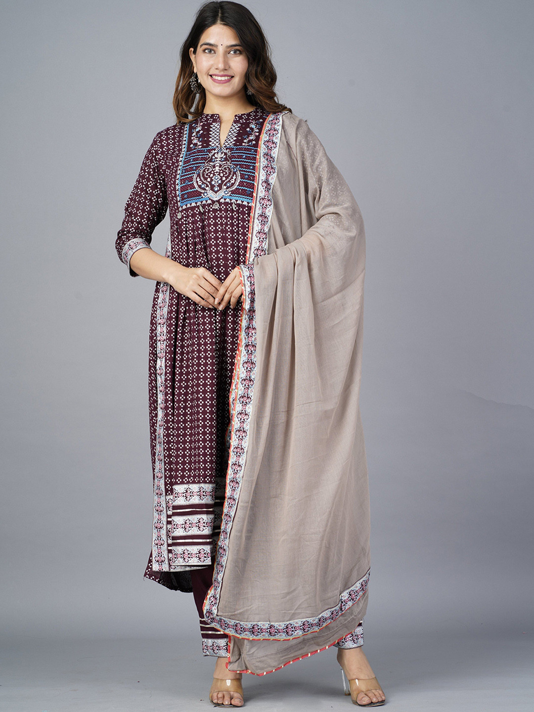 KALINI Ethnic Motifs Printed Mirror Work Kurta with Trousers & Dupatta, Burgundy
KALINI Ethnic Motifs Printed Mirror Work Kurta with Trousers & Dupatta, Burgundy
