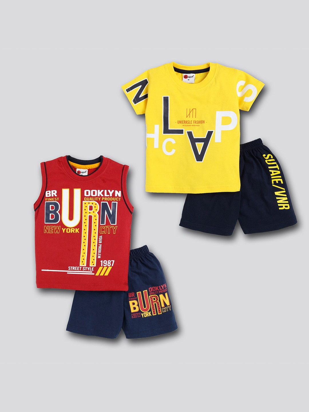Mars Infiniti Pack of 2 Infants Boys Printed Pure Cotton T-shirt & Shorts, Yellow