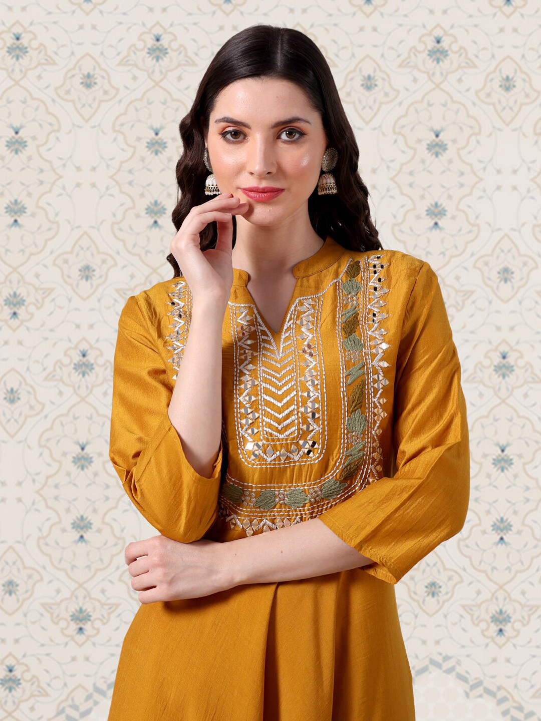 Ode by House of Pataudi Floral Embroidered Band Collar Mirror Work Anarkali Kurta, Yellow 
Ode by House of Pataudi Floral Embroidered Band Collar Mirror Work Anarkali Kurta, Yellow