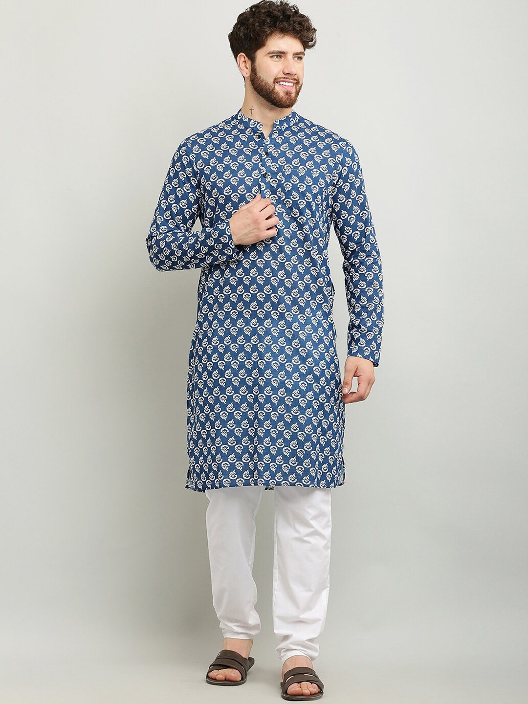 Waahiba Ethnic Motifs Printed Mandarin Collar Pure Cotton Kurta, Blue