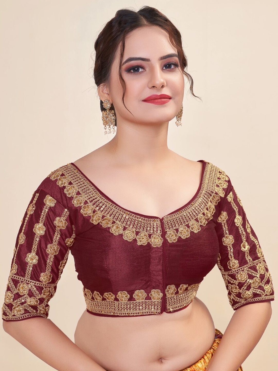 HIMRISE Embroidered Round Neck Cotton Saree Blouse, Maroon