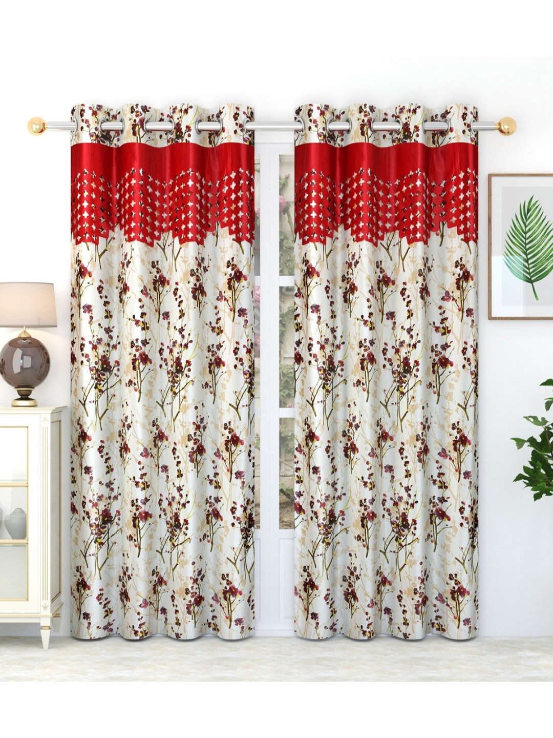 Bajo's White & Red 2 Pieces Quirky Printed Satin Door Curtains