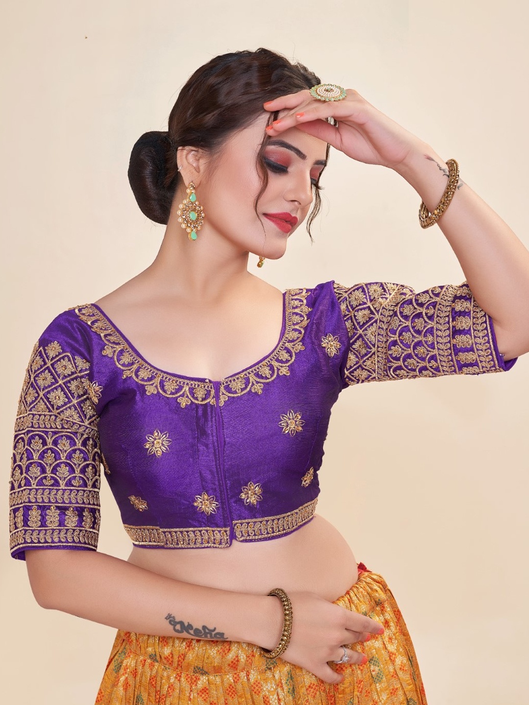 HIMRISE Embroidered Round Neck Cotton Saree Blouse, Purple