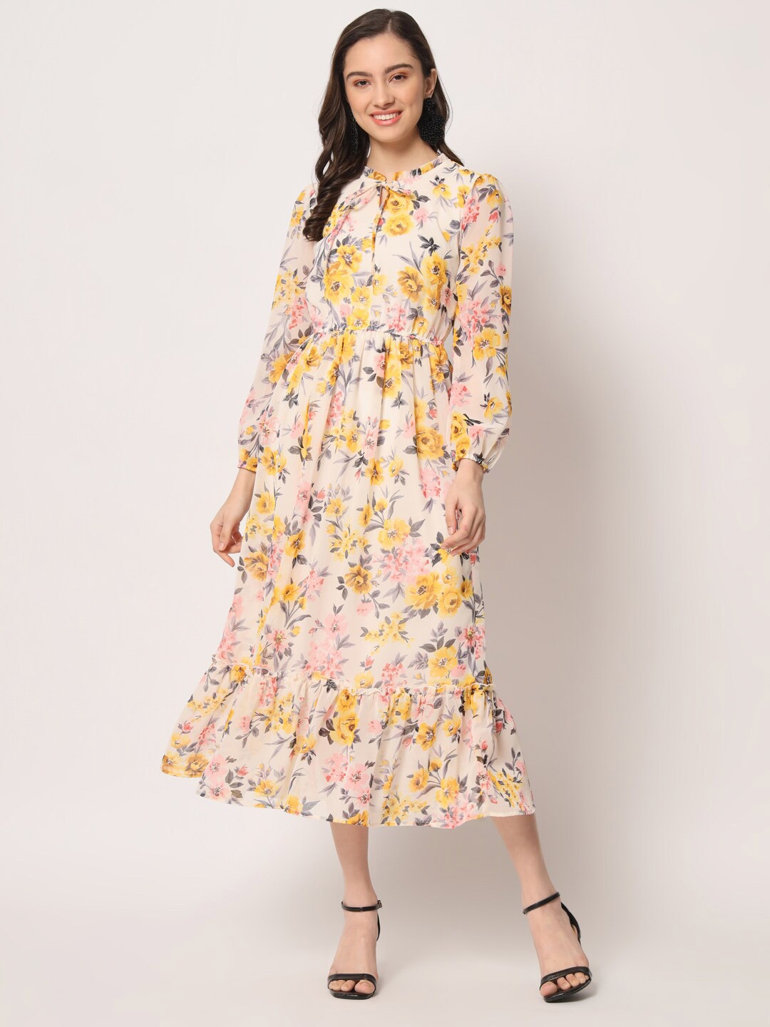 HERE&NOW Floral Print Georgette A-Line Midi Dress, Beige