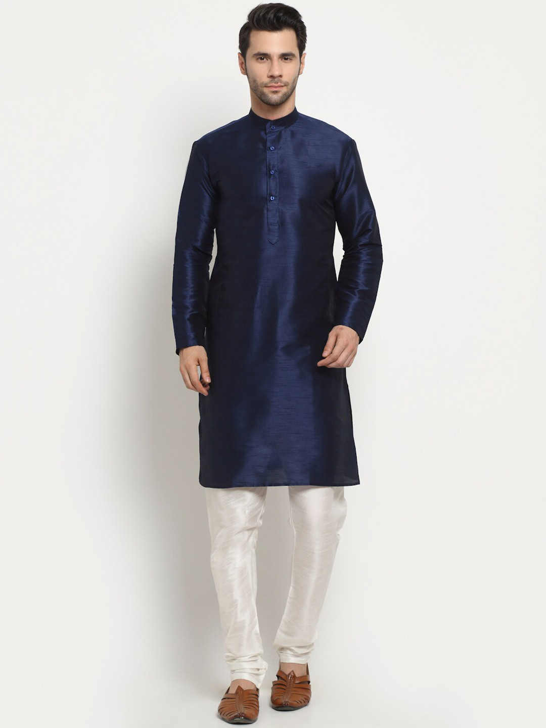 NEUDIS Men Mandarin Collar Straight Dupion Silk Kurta with Churidar, Navy blue 
NEUDIS Men Mandarin Collar Straight Dupion Silk Kurta with Churidar, Navy blue