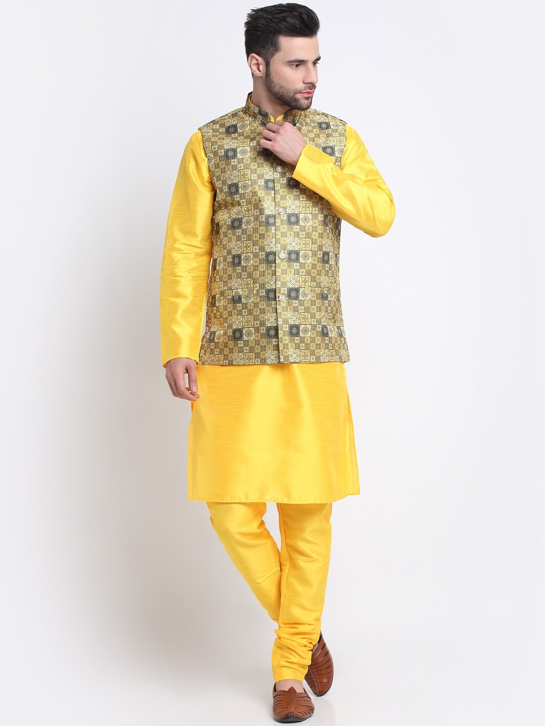 KRAFT INDIA Mandarin Collar Regular Kurta with Churidar With Printed Nehru Jacket, Yellow
KRAFT INDIA Mandarin Collar Regular Kurta with Churidar With Printed Nehru Jacket, Yellow