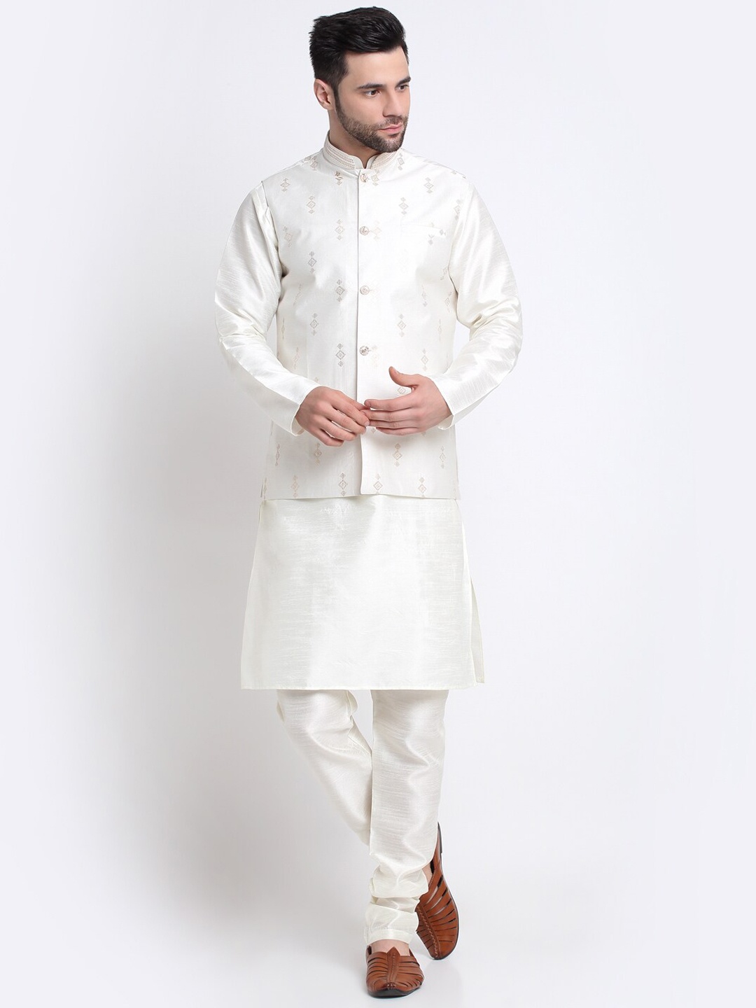 KRAFT INDIA Mandarin Collar Kurta with Churidar With Embroidered Nehru Jacket, Cream
KRAFT INDIA Mandarin Collar Kurta with Churidar With Embroidered Nehru Jacket, Cream