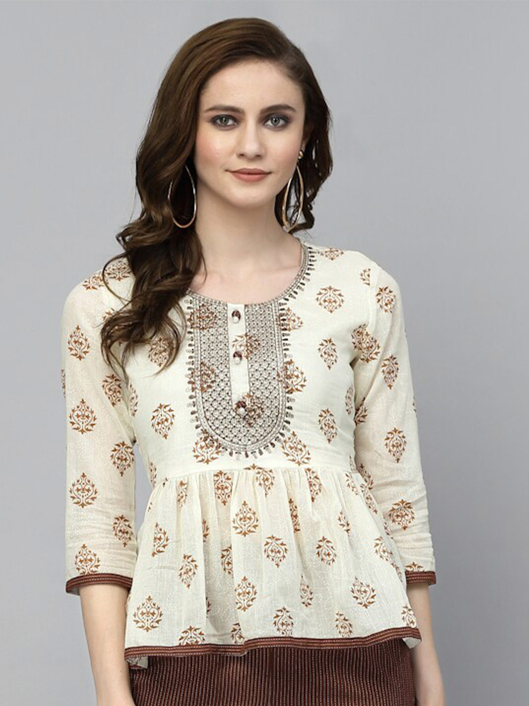 PRAKRTEE Floral Printed Cotton Peplum Top, Off white
PRAKRTEE Floral Printed Cotton Peplum Top, Off white