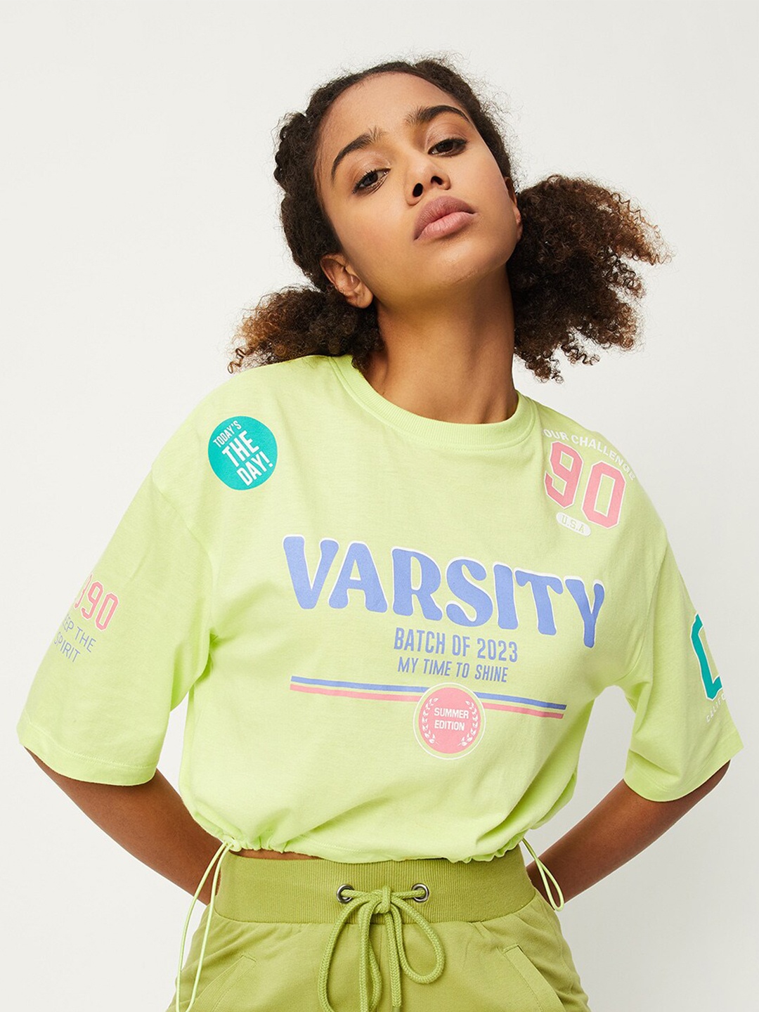 max Typography Printed Loose Fit Drop-Shoulder Sleeves Crop T-shirt With Draw Strings, Yellow
max Typography Printed Loose Fit Drop-Shoulder Sleeves Crop T-shirt With Draw Strings, Yellow