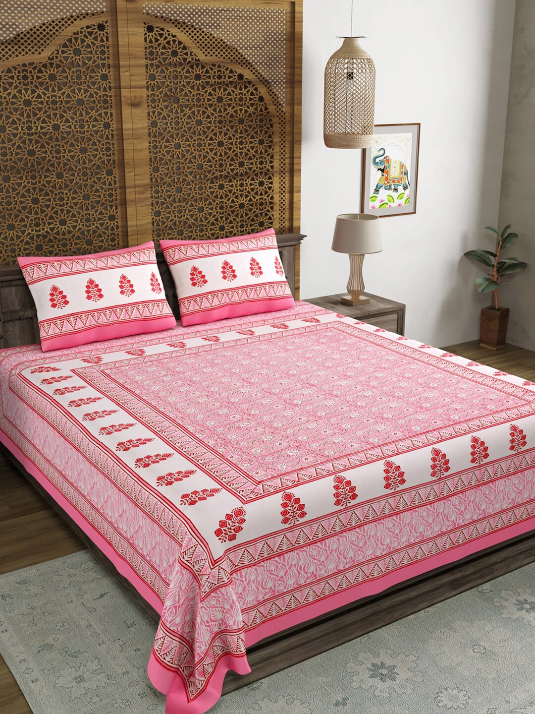 BLOCKS OF INDIA White & Pink Ethnic Motifs Printed 210 TC King Bedsheet & 2 Pillow Covers
BLOCKS OF INDIA White & Pink Ethnic Motifs Printed 210 TC King Bedsheet & 2 Pillow Covers