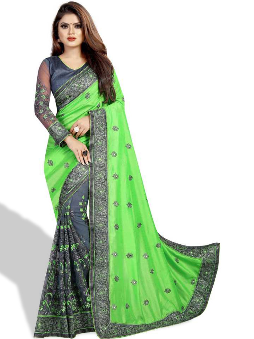 B Bella Creation Ethnic Motifs Embroidered Silk Blend Half and Half Saree, Lime green
B Bella Creation Ethnic Motifs Embroidered Silk Blend Half and Half Saree, Lime green