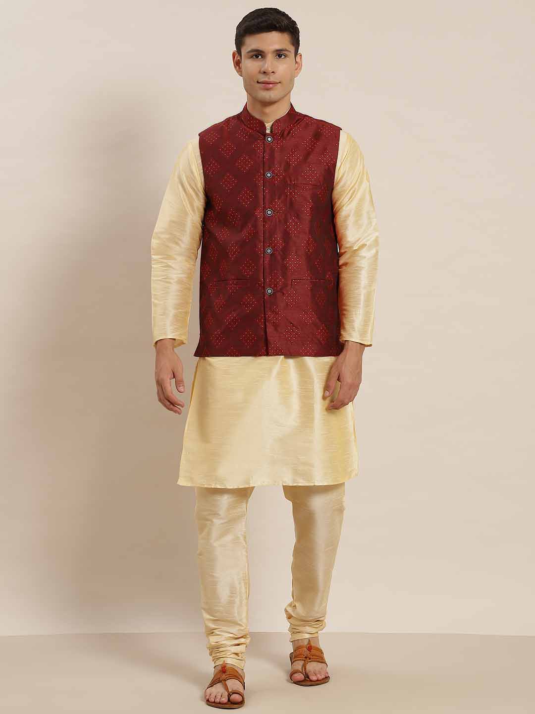 SOJANYA Mandarin Collar Regular Kurta with Churidar with Woven Design Nehru Jacket, Gold
SOJANYA Mandarin Collar Regular Kurta with Churidar with Woven Design Nehru Jacket, Gold