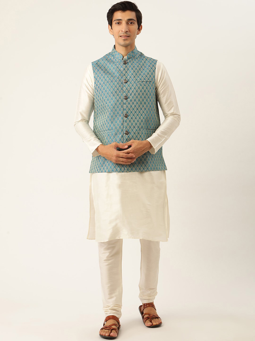 SOJANYA Mandatin Collar Straight Kurta with Churidar With Woven Design Nehru Jacket, Off white
SOJANYA Mandatin Collar Straight Kurta with Churidar With Woven Design Nehru Jacket, Off white