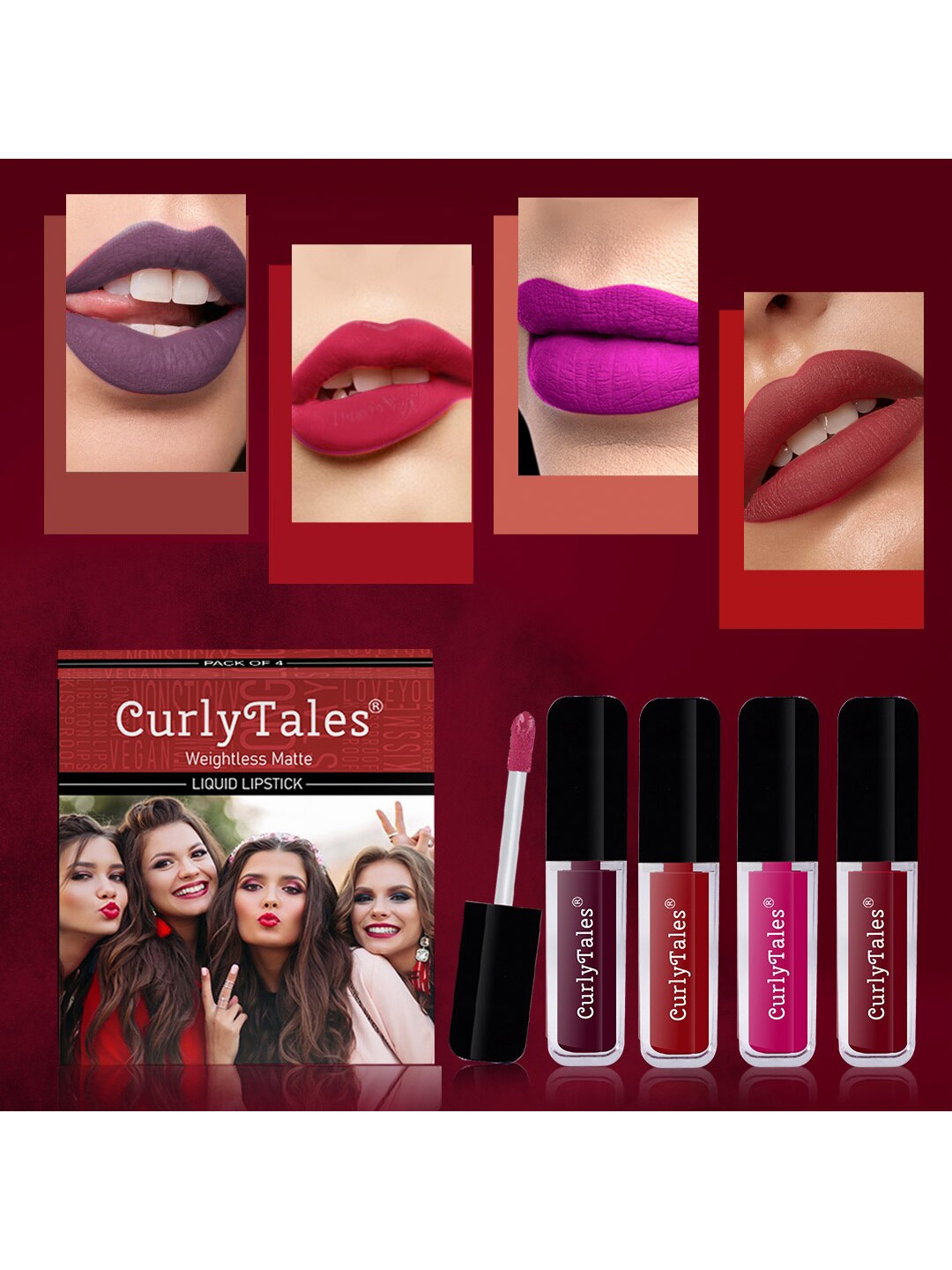 CurlyTales Set of 4 Weightless Matte Liquid Lipsticks 3ml Each - Shade 15 + 03 + 04 + 14, Maroon
CurlyTales Set of 4 Weightless Matte Liquid Lipsticks 3ml Each - Shade 15 + 03 + 04 + 14, Maroon