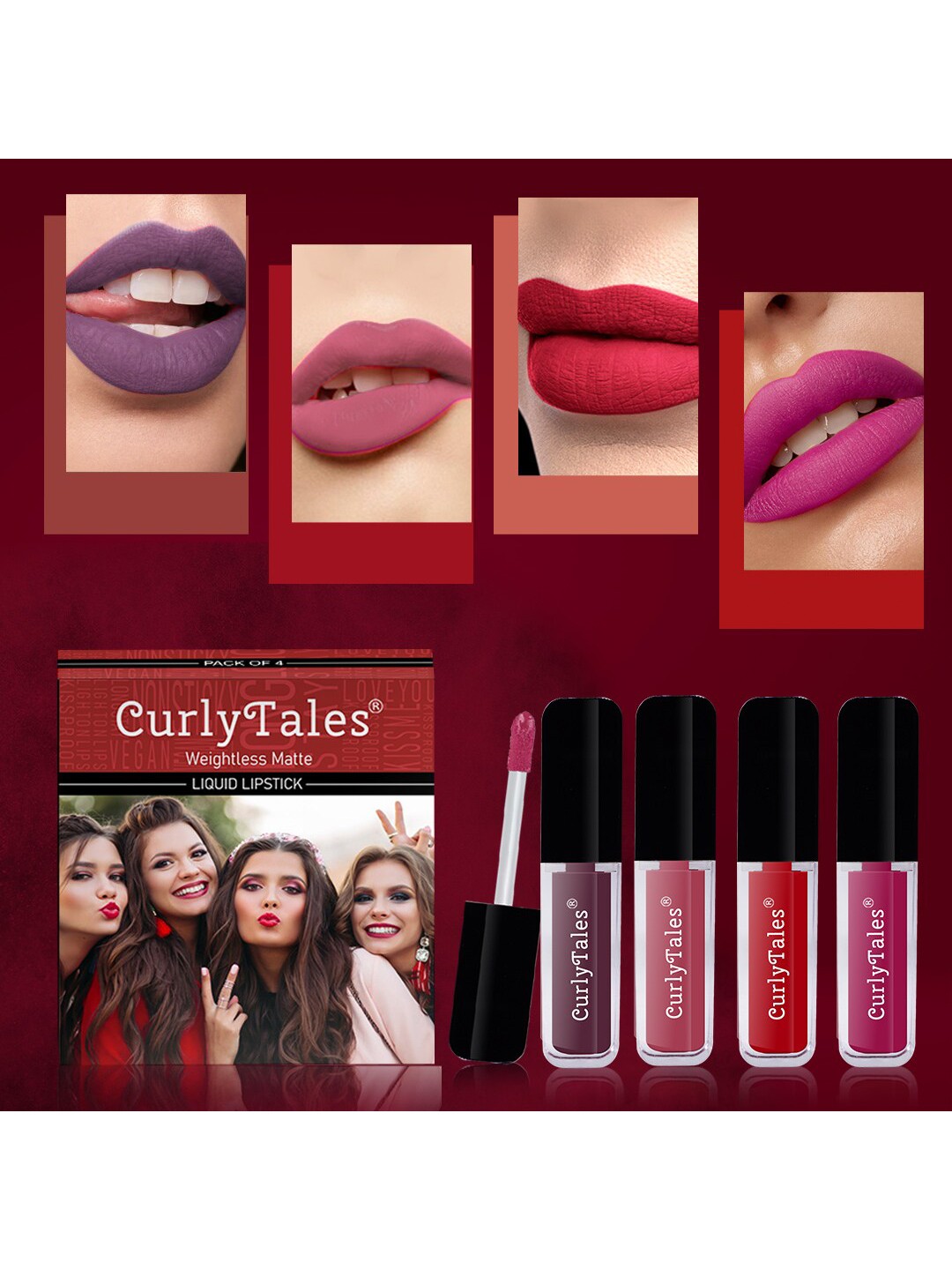 CurlyTales Set of 4 Weightless Matte Long Lasting Liquid Lipsticks - 4 ml each, Multi
CurlyTales Set of 4 Weightless Matte Long Lasting Liquid Lipsticks - 4 ml each, Multi