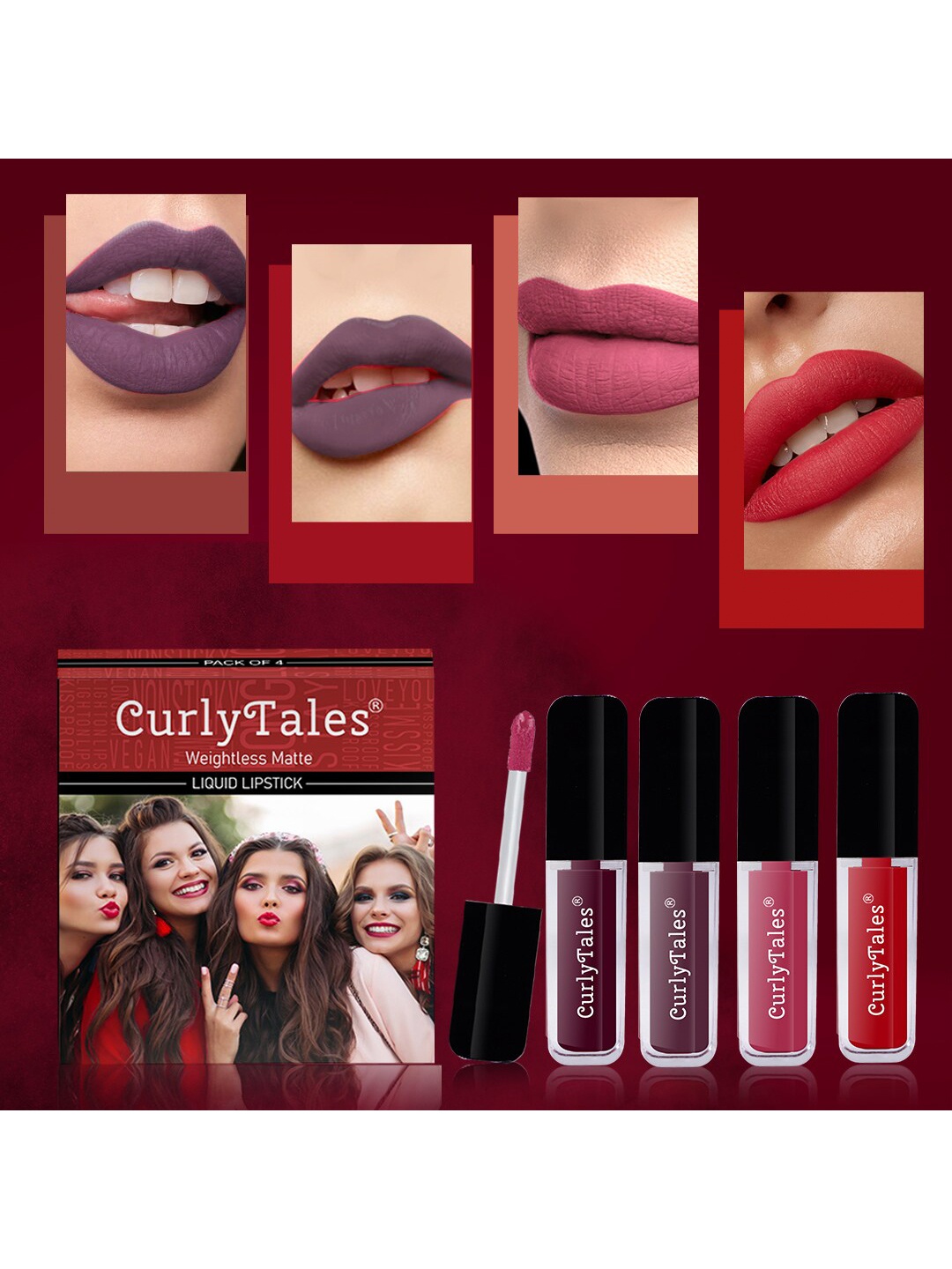 CurlyTales Set of 4 Weightless Matte Liquid Lipsticks 3 ml Each - Shade 15, 01, 02, 11, Purple
CurlyTales Set of 4 Weightless Matte Liquid Lipsticks 3 ml Each - Shade 15, 01, 02, 11, Purple