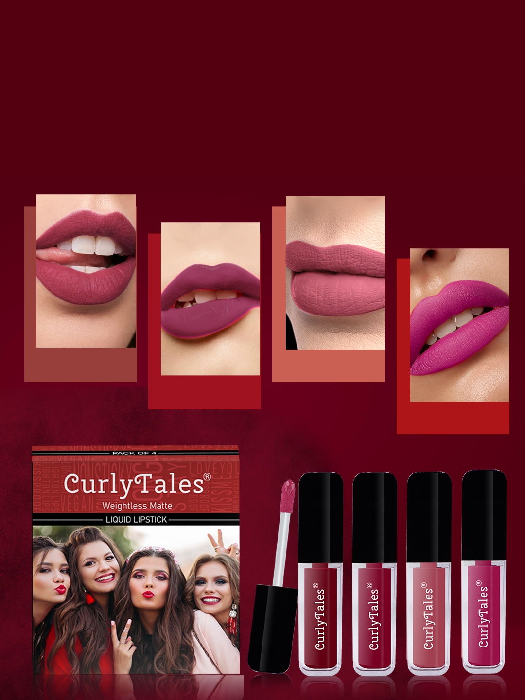 CurlyTales Set of 4 Weightless Matte Liquid Lipsticks 3 ml Each - Shade 14, 07, 08, 12, Purple
CurlyTales Set of 4 Weightless Matte Liquid Lipsticks 3 ml Each - Shade 14, 07, 08, 12, Purple