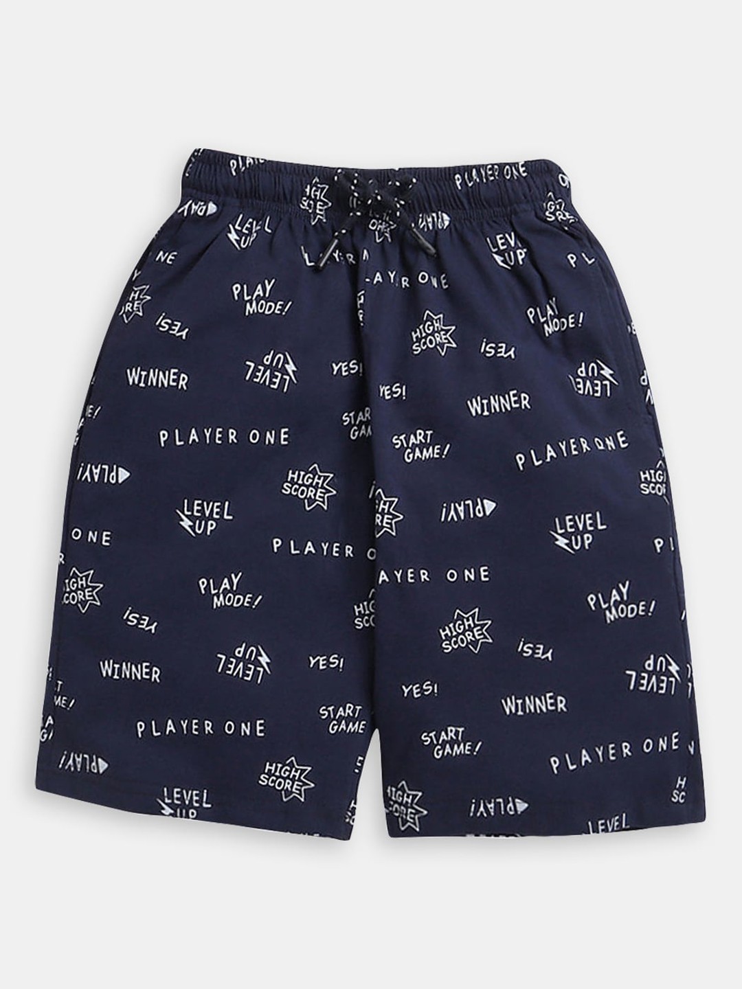 Hopscotch Boys Typography Printed Cotton High-Rise Shorts, Blue