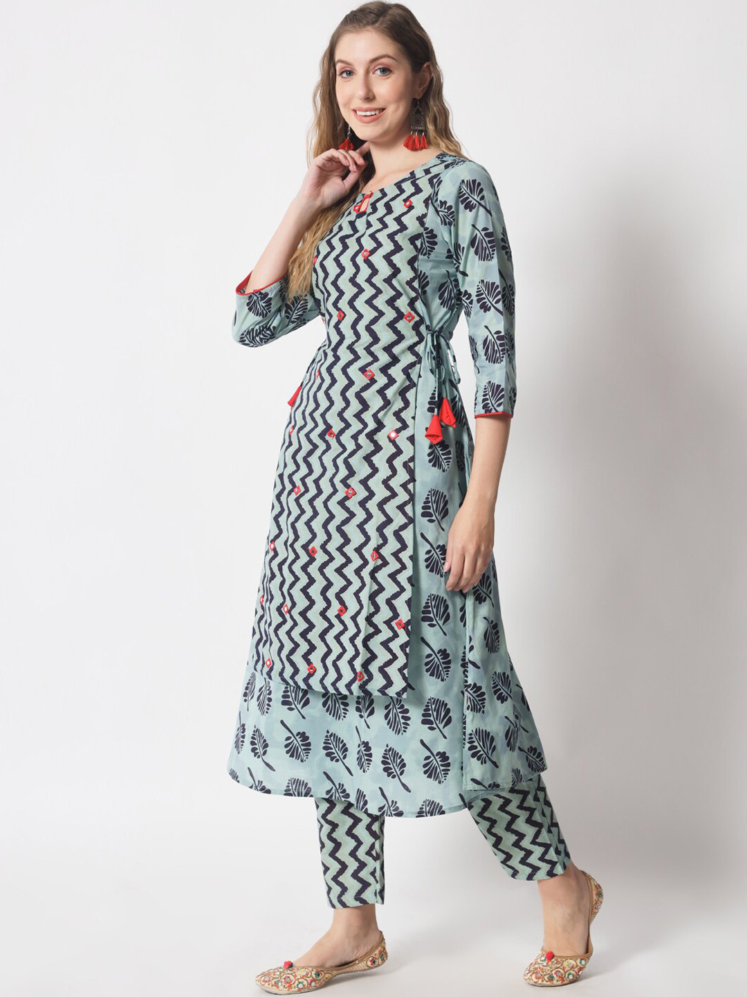 BARKHA FAB Chevron Printed Mirror Work Layered A-Line Pure Cotton Kurta with Trousers, Blue
BARKHA FAB Chevron Printed Mirror Work Layered A-Line Pure Cotton Kurta with Trousers, Blue