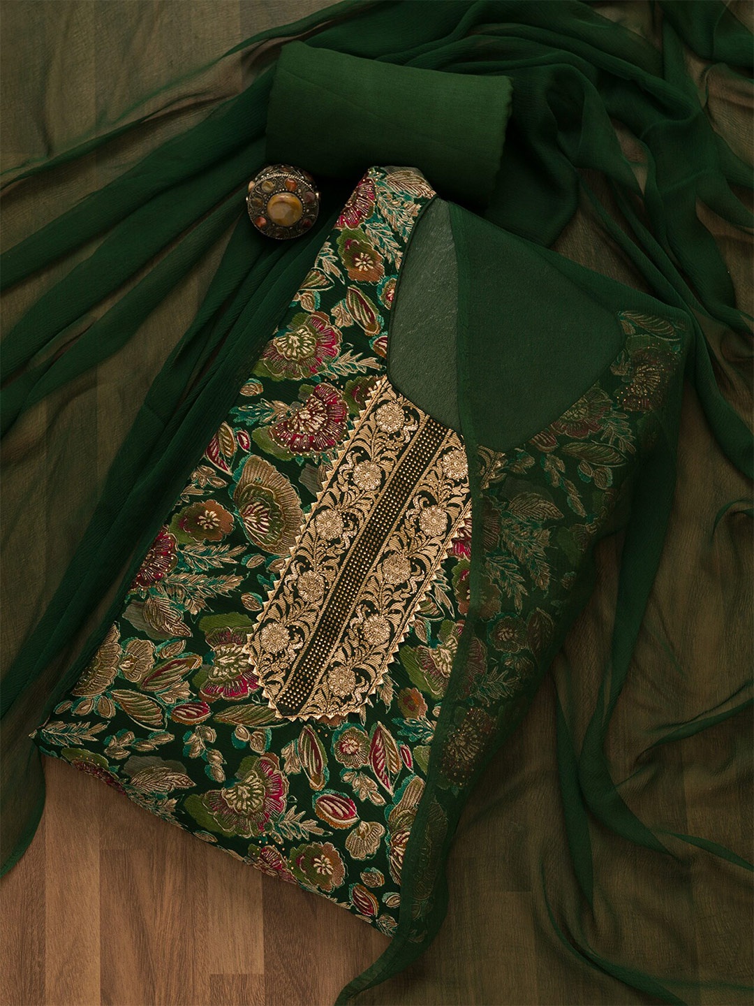 Koskii Semi-Stitched Dress Material, Green