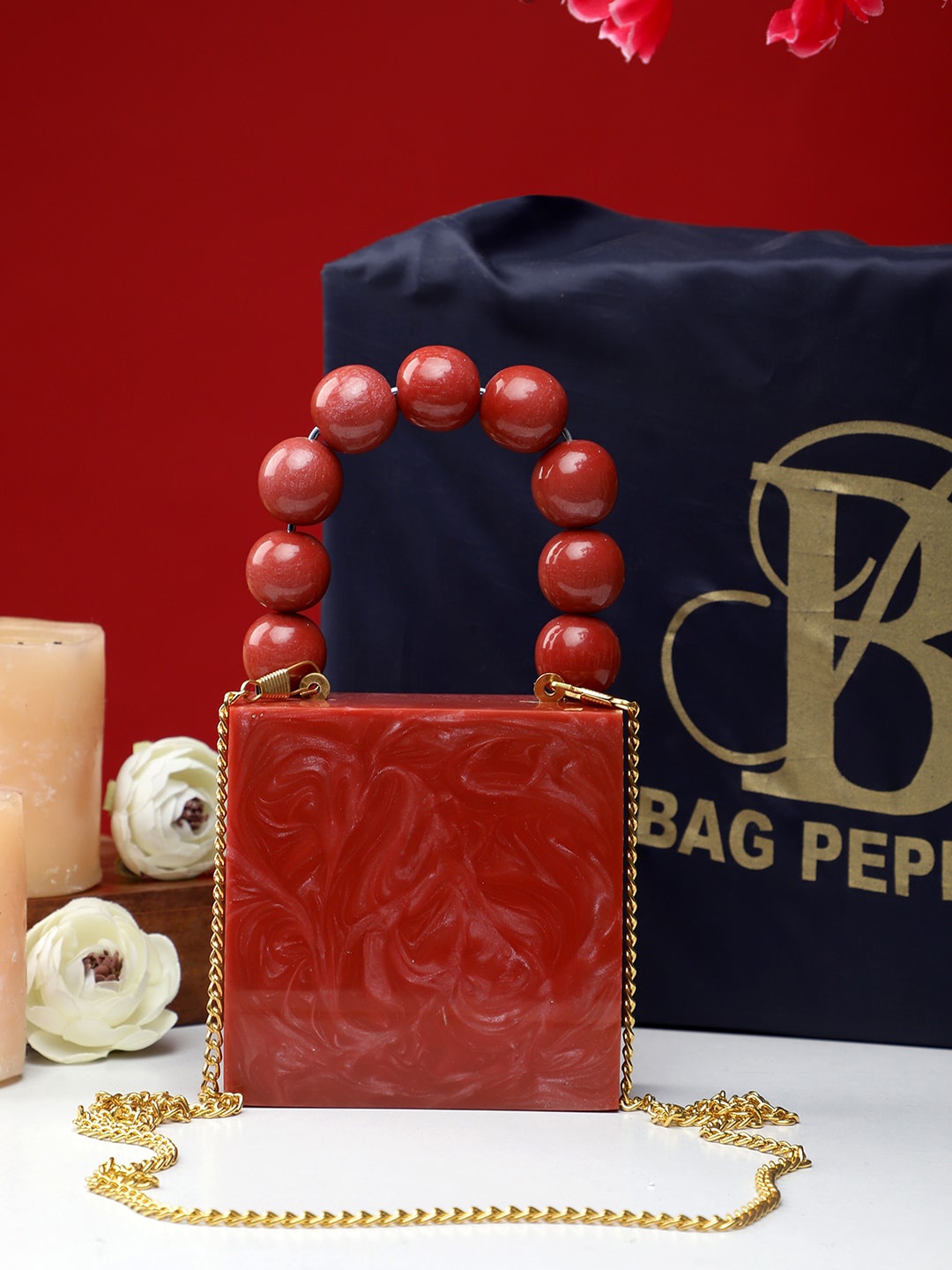Bag Pepper Printed Box Clutch, Red