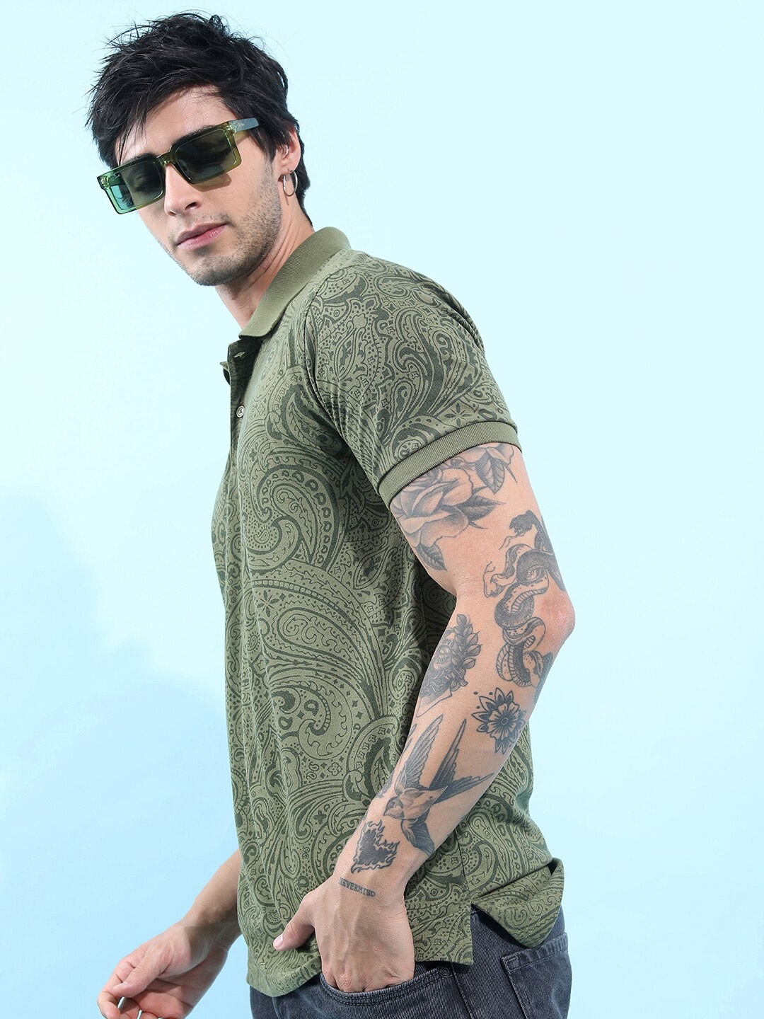 HIGHLANDER Floral Printed Polo Collar Slim Fit T-Shirt, Olive