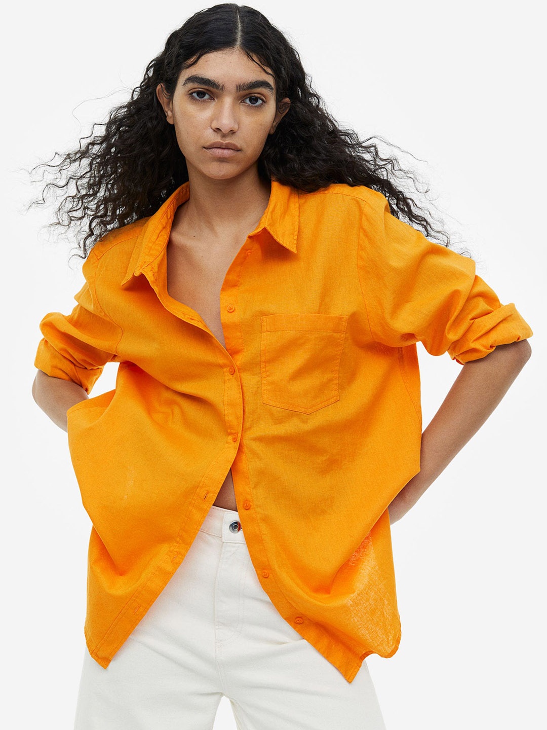 H&M Women Linen-Blend Shirt, Orange
