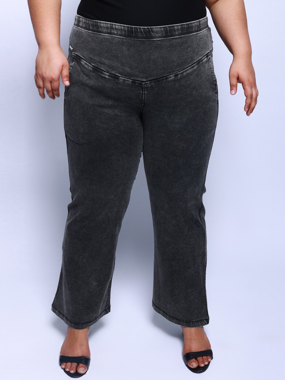 Amydus Women Plus Size Bootcut High-Rise Light Fade Stretchable Jeans, Black