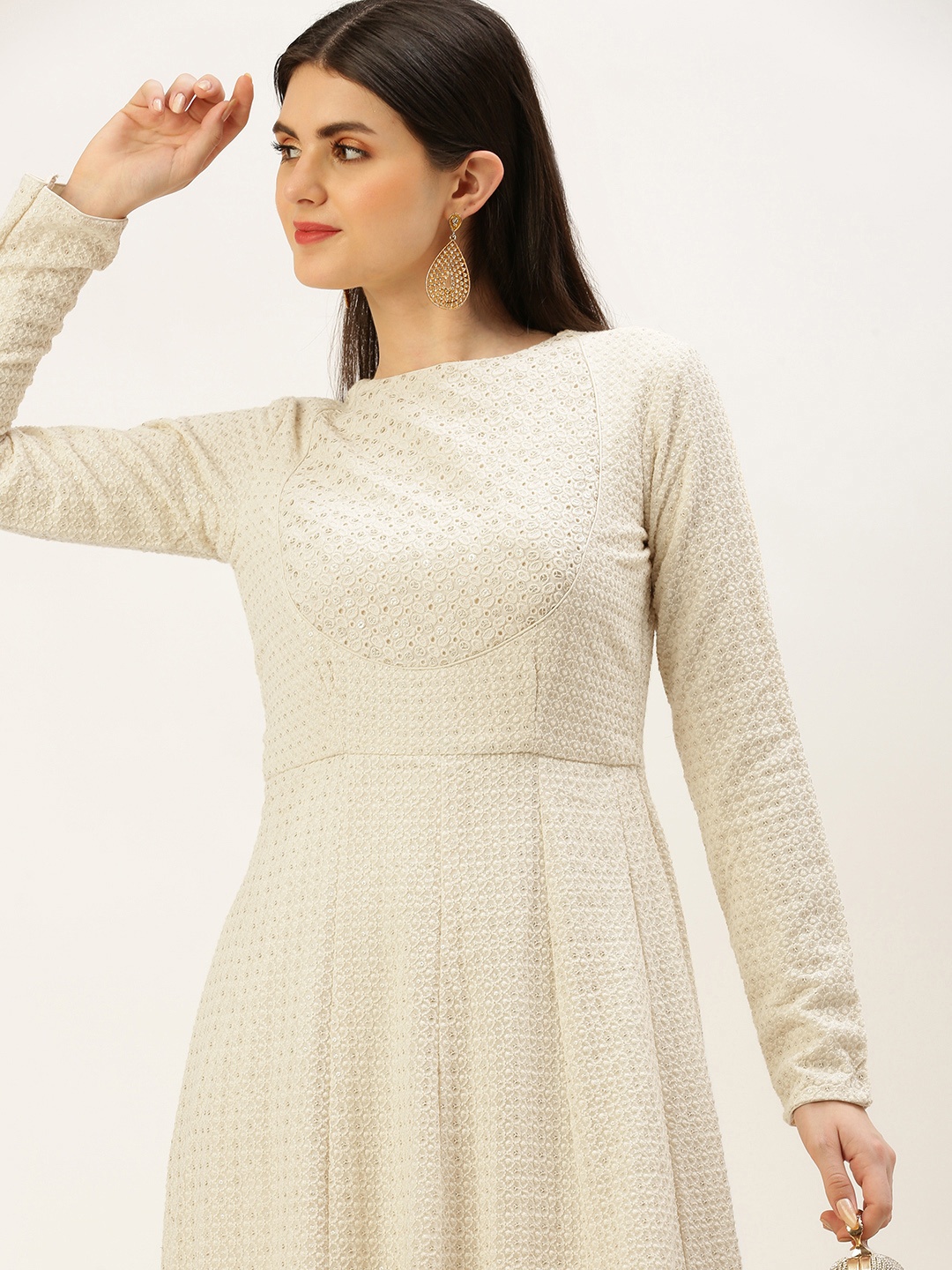 Ethnovog Geometric Embroidered Gown Dress, White