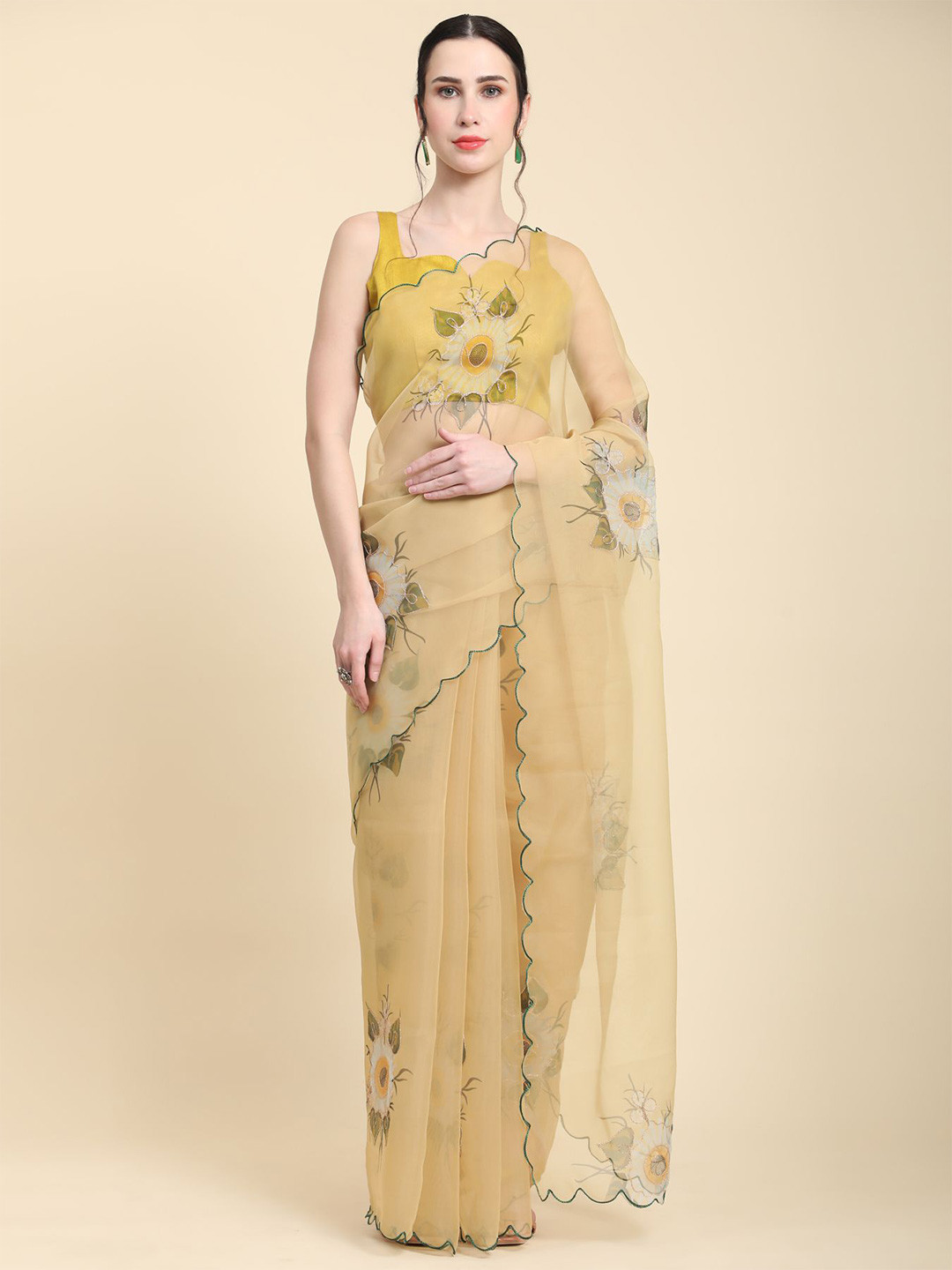 Vastrasky Global Floral Printed Embroidered Organza Saree, Yellow 
Vastrasky Global Floral Printed Embroidered Organza Saree, Yellow