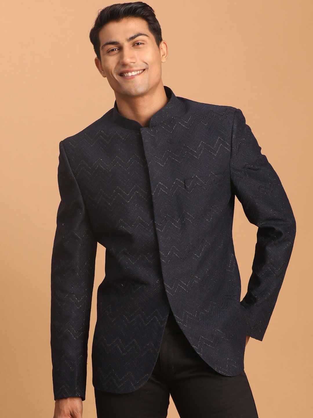 Shrestha By Vastramay Mandarin Collar Glitter Work Bandhgala Jodhpuri Jacket, Navy blue
Shrestha By Vastramay Mandarin Collar Glitter Work Bandhgala Jodhpuri Jacket, Navy blue