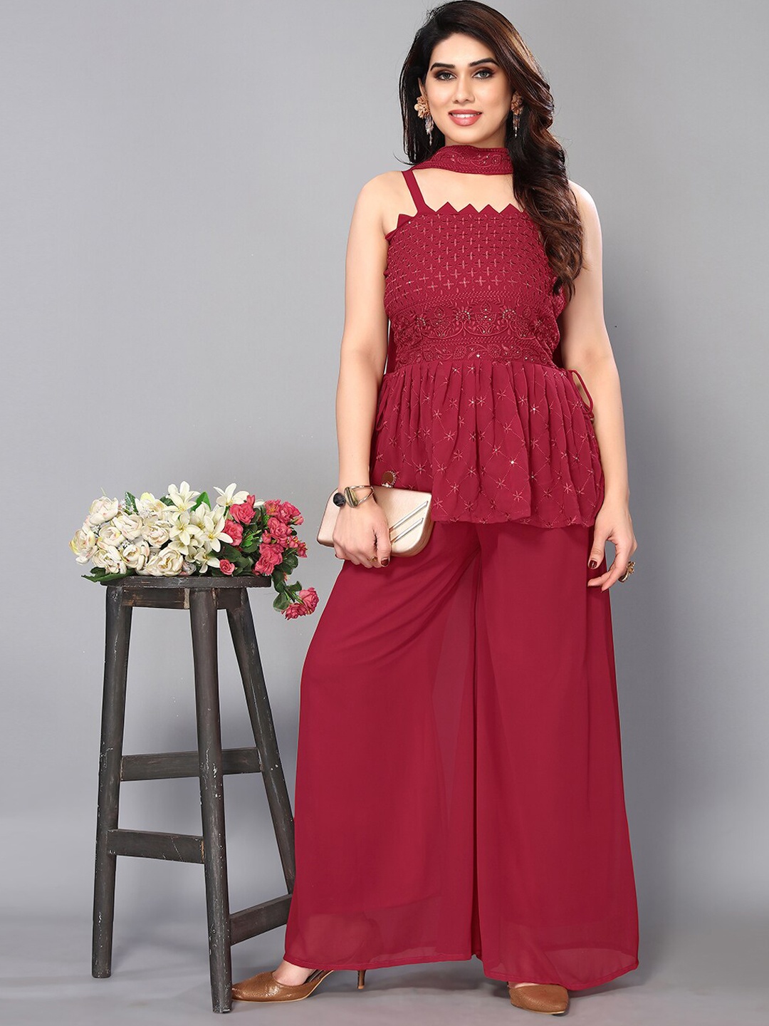 Trendz Style Ethnic Motifs Embroidered Shoulder Straps Kurti With Sharara & Dupatta, Red
Trendz Style Ethnic Motifs Embroidered Shoulder Straps Kurti With Sharara & Dupatta, Red