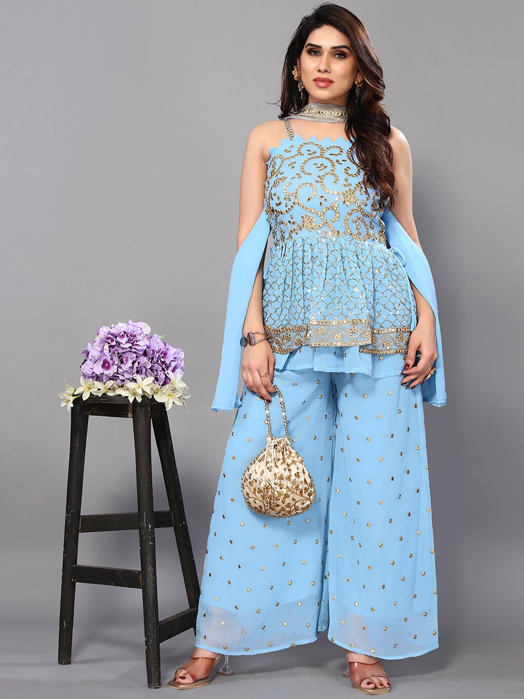 Trendz Style Ethnic Motifs Embroidered Thread Work Kurti With Sharara & Dupatta, Blue