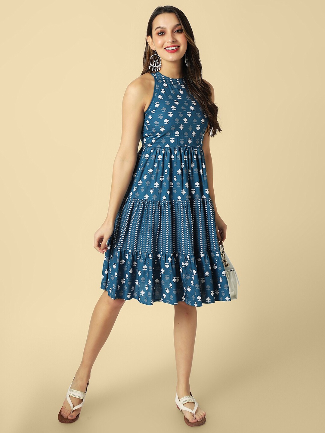 DAEVISH Halter Neck Printed Fit & Flare Dress, Blue