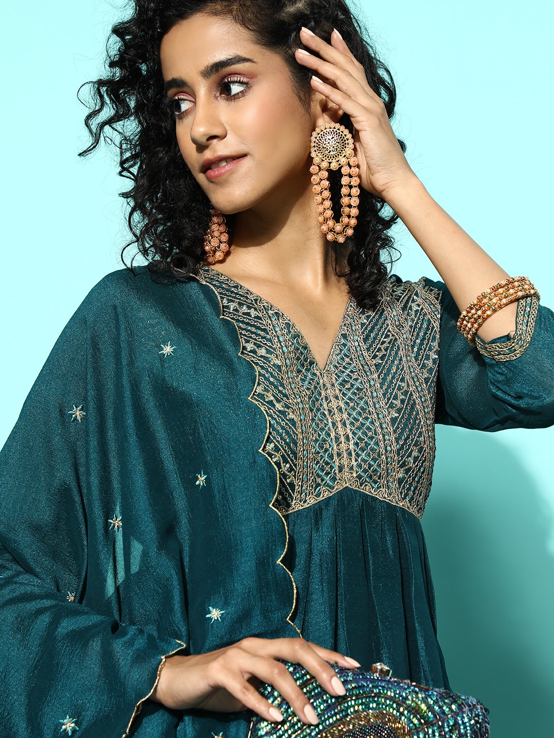 SheWill Teal Ethnic Motifs Embroidered Empire Sequinned Kurta With Trousers & Dupatta
SheWill Teal Ethnic Motifs Embroidered Empire Sequinned Kurta With Trousers & Dupatta